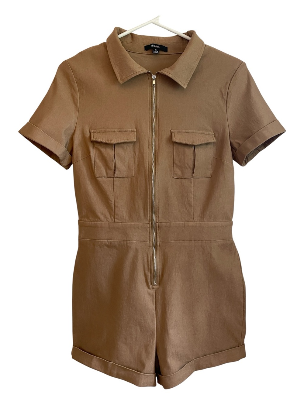 Blashe Womens Short Sleeve Zip Front Closure Utility Romper in Brown M